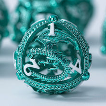 Load image into Gallery viewer, Unique 7-Piece Round Hollow Orb Metal Dice Set - Dragon Design Dragon (Aqua Teal)