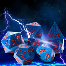 Load image into Gallery viewer, Beautiful Cracked Blue with Red Cracks Polyhedral Metal Dice Set