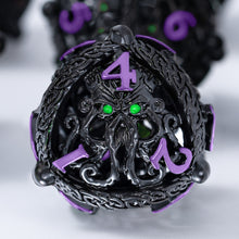Load image into Gallery viewer, Unique 7-Piece Round Hollow Orb Metal Dice Set - Cthulhu Design Black Purple