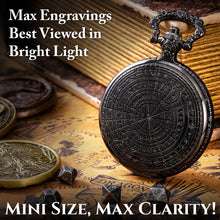 Load image into Gallery viewer, Micro Metal Dice Set for DND - MiniChrono’s Tiny Dice in Magic Circle Pocketwatch Case