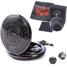Load image into Gallery viewer, Micro Metal Dice Set for DND - MiniChrono’s Tiny Dice in Magic Circle Pocketwatch Case Magic Black