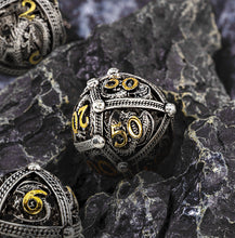 Load image into Gallery viewer, Unique 7-Piece Round Hollow Orb Metal Dice Set - Dragon Design
