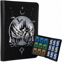Load image into Gallery viewer, Celestial Moonlit Castle Card Binder - Fantasy 9-Pocket Ringless TCG Binder, 432 Side-Loading Pockets, Foil PU Leather Dragon Silver