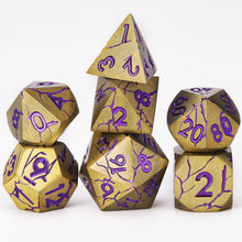 Load image into Gallery viewer, DND Metal Dice - Pharaoh Ruins Gold Metal Dice with Purple Cracks