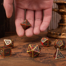 Load image into Gallery viewer, Ancient Gold Dragon Scale Blood Splattered Metal Dice
