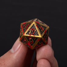 Load image into Gallery viewer, Ancient Gold Dragon Scale Blood Splattered Metal Dice