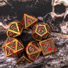 Load image into Gallery viewer, Ancient Gold Dragon Scale Blood Splattered Metal Dice