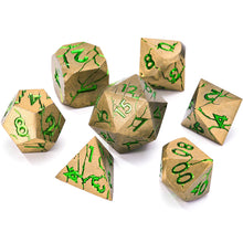 Load image into Gallery viewer, DND Metal Dice - Pharaoh Ruins Gold Metal Dice with Green Cracks