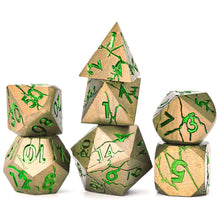 Load image into Gallery viewer, DND Metal Dice - Pharaoh Ruins Gold Metal Dice with Green Cracks
