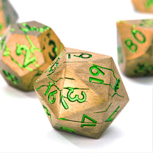 Load image into Gallery viewer, DND Metal Dice - Pharaoh Ruins Gold Metal Dice with Green Cracks