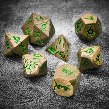 Load image into Gallery viewer, DND Metal Dice - Pharaoh Ruins Gold Metal Dice with Green Cracks