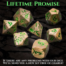 Load image into Gallery viewer, DND Metal Dice - Pharaoh Ruins Gold Metal Dice with Green Cracks