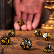 Load image into Gallery viewer, Black and Gold Cracked Metal Dice Set
