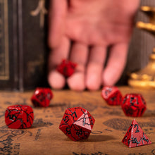 Load image into Gallery viewer, Demonic Ruins Red and Black Cracked Metal Dice