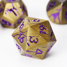 Load image into Gallery viewer, DND Metal Dice - Pharaoh Ruins Gold Metal Dice with Purple Cracks