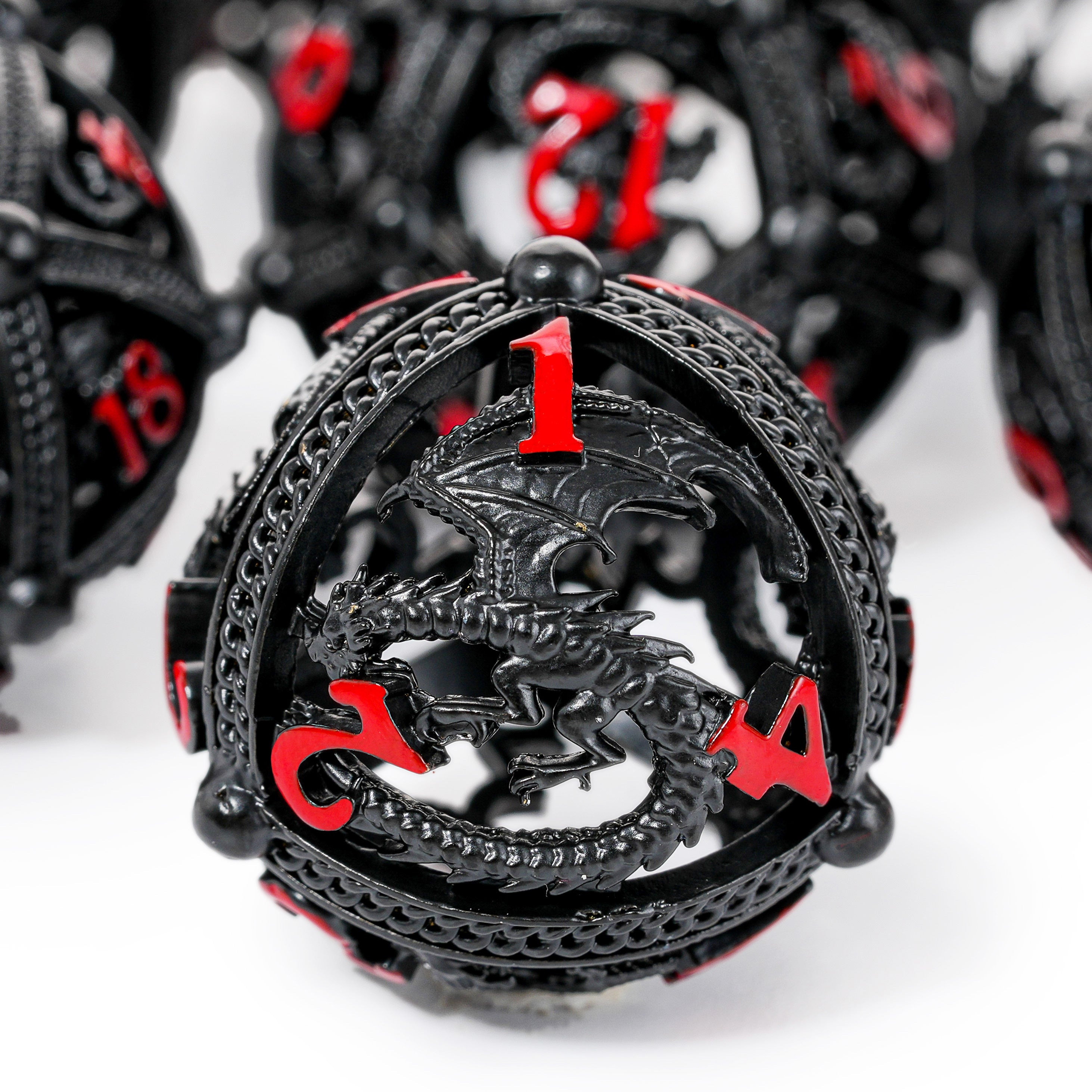 Unique 7-Piece Round Hollow Orb Metal Dice Set - Dragon Design Dragon (Black and Red)