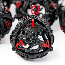 Load image into Gallery viewer, Unique 7-Piece Round Hollow Orb Metal Dice Set - Dragon Design Dragon (Black and Red)