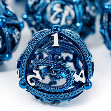 Load image into Gallery viewer, Unique 7-Piece Round Hollow Orb Metal Dice Set - Dragon Design Dragon (Blue)