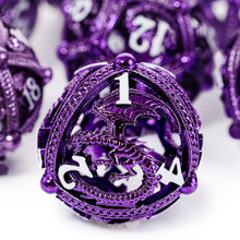 Load image into Gallery viewer, Unique 7-Piece Round Hollow Orb Metal Dice Set - Dragon Design Dragon (Purple)