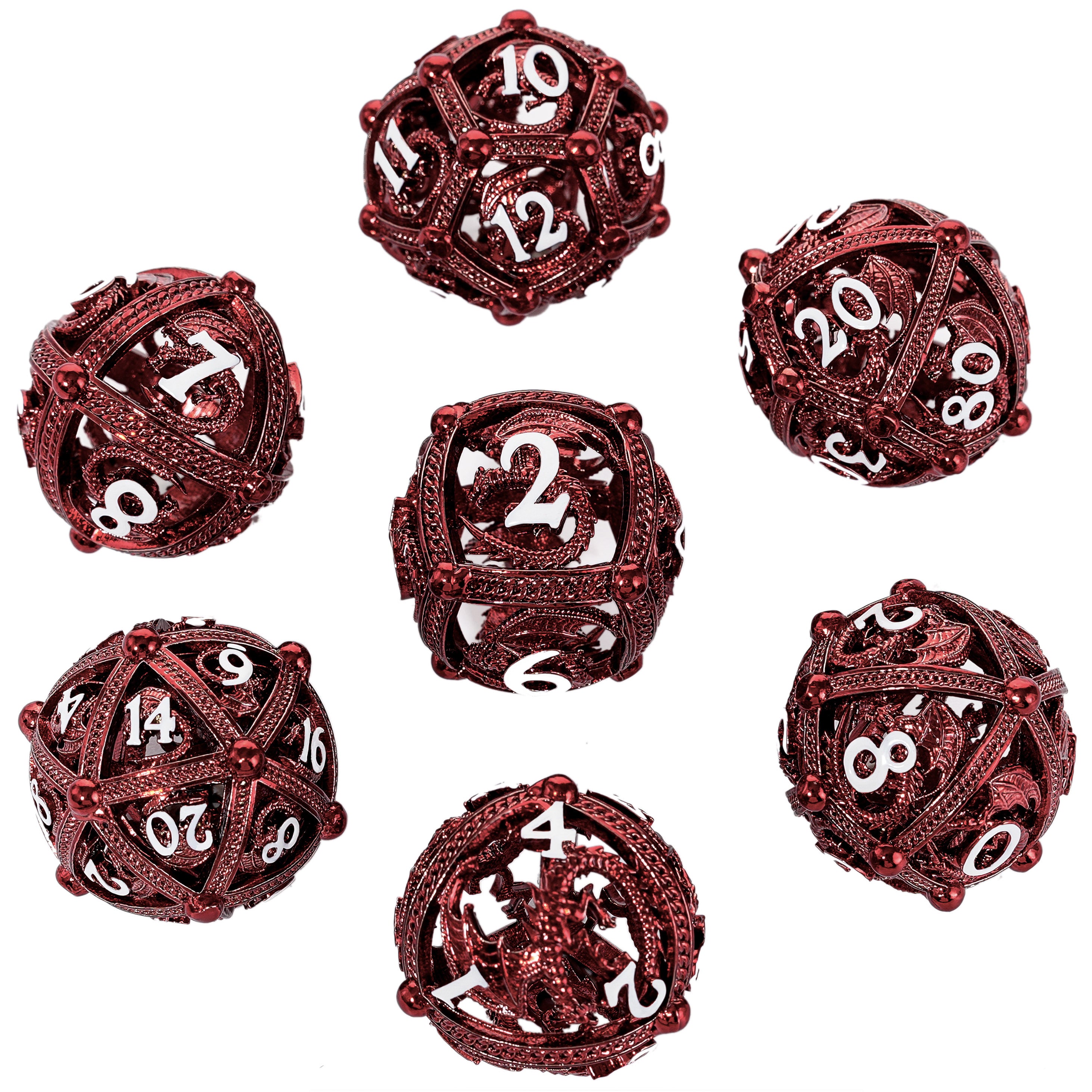 Unique 7-Piece Round Hollow Orb Metal Dice Set - Dragon Design