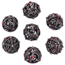 Load image into Gallery viewer, Unique 7-Piece Round Hollow Orb Metal Dice Set - Dragon Design