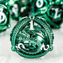 Load image into Gallery viewer, Unique 7-Piece Round Hollow Orb Metal Dice Set - Dragon Design Dragon (Green)