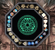 Load image into Gallery viewer, DND Dice Tray Green 3 Interlocked Triangles (Valknut) and Dragon Design