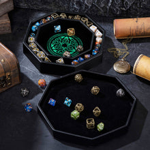 Load image into Gallery viewer, DND Dice Tray Green 3 Interlocked Triangles (Valknut) and Dragon Design