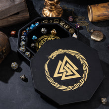 Load image into Gallery viewer, DND Dice Tray Gold 3 Interlocked Triangles (Valknut) and Dragon Design