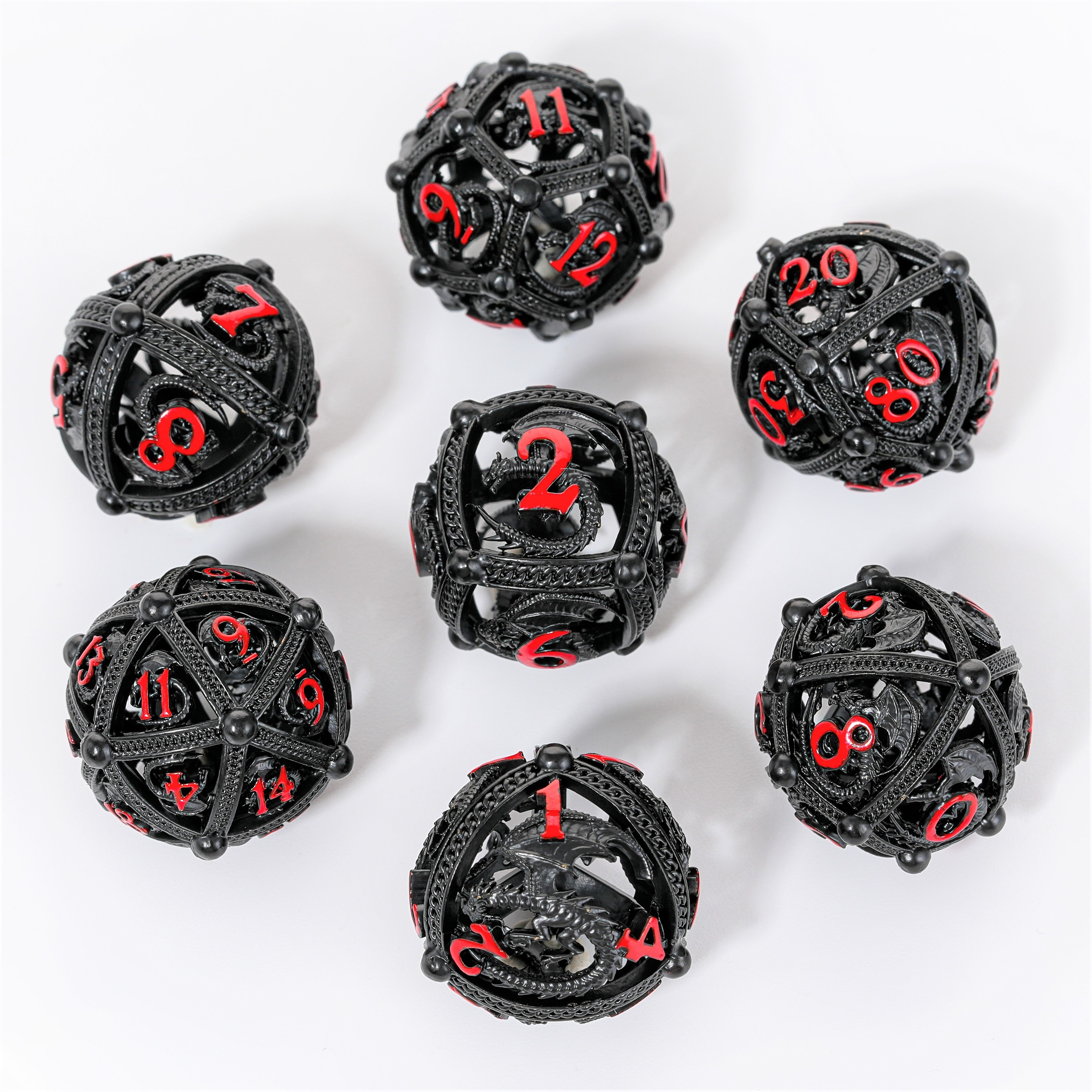 Unique 7-Piece Round Hollow Orb Metal Dice Set - Dragon Design