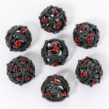 Load image into Gallery viewer, Unique 7-Piece Round Hollow Orb Metal Dice Set - Dragon Design
