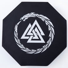 Load image into Gallery viewer, DND Dice Tray Silver 3 Interlocked Triangles (Valknut) and Dragon Design