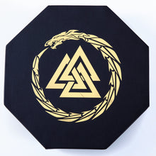 Load image into Gallery viewer, DND Dice Tray Gold 3 Interlocked Triangles (Valknut) and Dragon Design