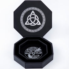 Load image into Gallery viewer, DND Dice Tray Silver Celtic Knot & World Tree Design