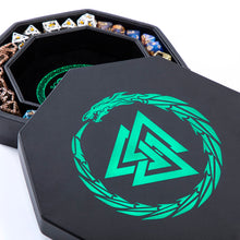 Load image into Gallery viewer, DND Dice Tray Green 3 Interlocked Triangles (Valknut) and Dragon Design