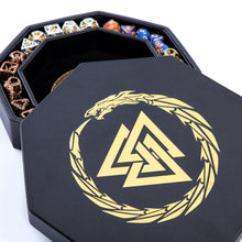 Load image into Gallery viewer, DND Dice Tray Gold 3 Interlocked Triangles (Valknut) and Dragon Design