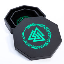 Load image into Gallery viewer, DND Dice Tray Green 3 Interlocked Triangles (Valknut) and Dragon Design