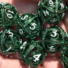 Load image into Gallery viewer, Unique 7-Piece Round Hollow Orb Metal Dice Set - Dragon Design