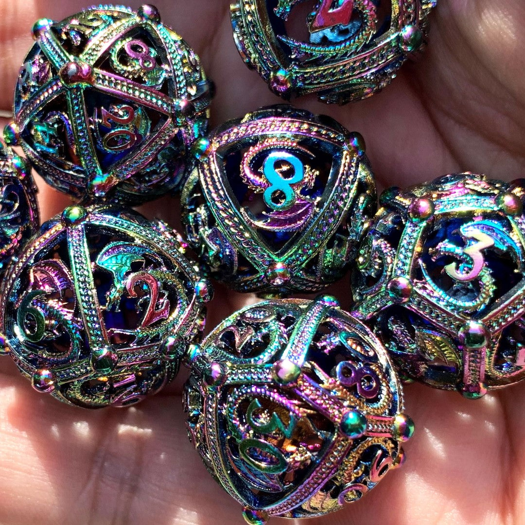 Unique 7-Piece Round Hollow Orb Metal Dice Set - Dragon Design