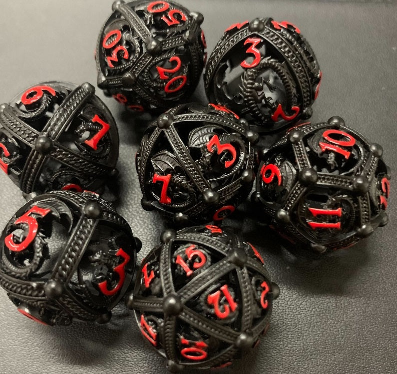 Unique 7-Piece Round Hollow Orb Metal Dice Set - Dragon Design