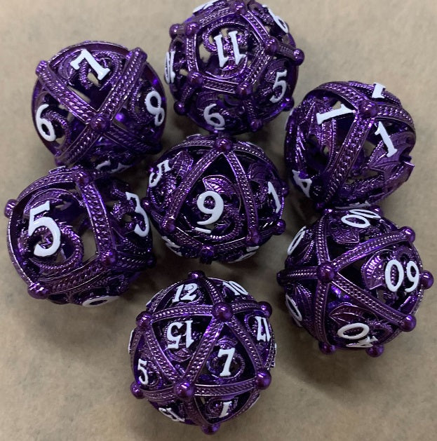 Unique 7-Piece Round Hollow Orb Metal Dice Set - Dragon Design