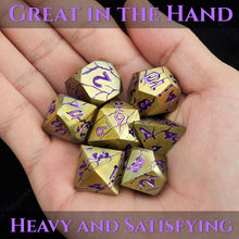 Load image into Gallery viewer, DND Metal Dice - Pharaoh Ruins Gold Metal Dice with Purple Cracks