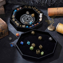 Load image into Gallery viewer, DND Dice Tray Silver 3 Interlocked Triangles (Valknut) and Dragon Design