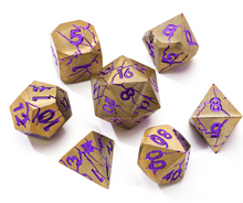 Load image into Gallery viewer, DND Metal Dice - Pharaoh Ruins Gold Metal Dice with Purple Cracks