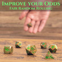 Load image into Gallery viewer, DND Metal Dice - Pharaoh Ruins Gold Metal Dice with Green Cracks