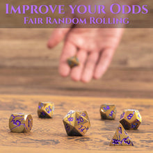 Load image into Gallery viewer, DND Metal Dice - Pharaoh Ruins Gold Metal Dice with Purple Cracks