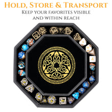 Load image into Gallery viewer, DND Dice Tray Gold 3 Interlocked Triangles (Valknut) and Dragon Design