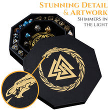 Load image into Gallery viewer, DND Dice Tray Gold 3 Interlocked Triangles (Valknut) and Dragon Design