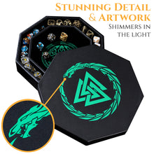 Load image into Gallery viewer, DND Dice Tray Green 3 Interlocked Triangles (Valknut) and Dragon Design