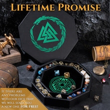Load image into Gallery viewer, DND Dice Tray Green 3 Interlocked Triangles (Valknut) and Dragon Design